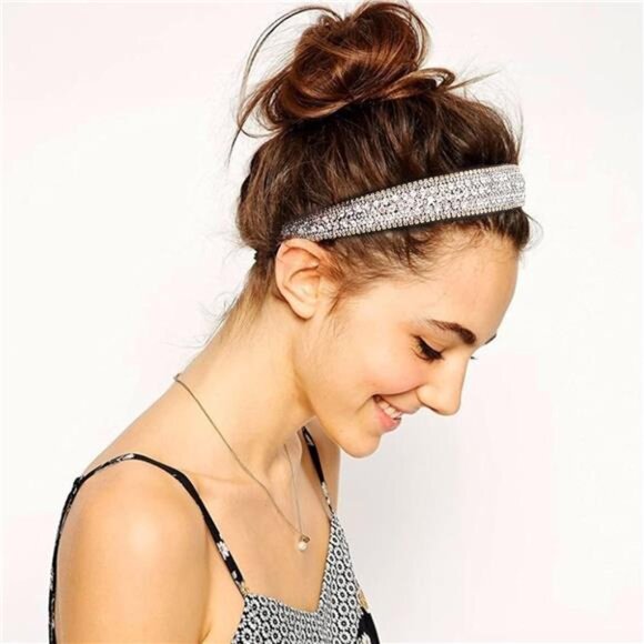 Silver Headband Women Girls Fashion with Rhinestones, Crystal Bling Sparkly - Picture 5 of 7